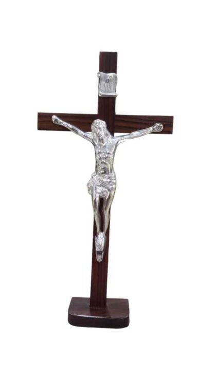 16 Inch Wooden Crucifix With Silver Plated Metal Figure