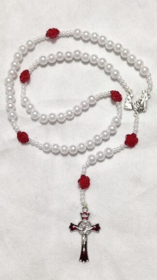 Christmas Pearl Rosary With Red Flower - 8 mm