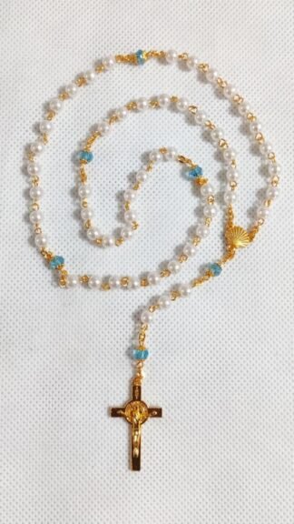 Pearl Withe Crystal Gold Rosary - 6MM