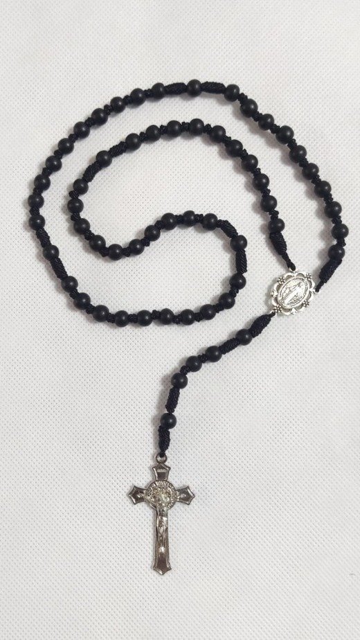 Authentic Karungali (Ebony Wood) Catholic Rosary with Silver Finish Crucifix & Centerpiece,